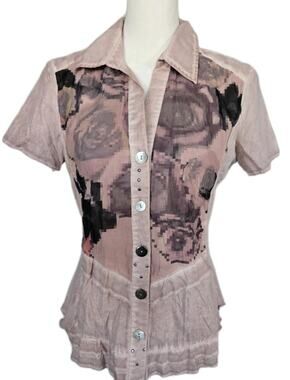 Vtg Crisca Art To Wear Feminine Abstract Floral Button Up Collared Blouse Sz 4